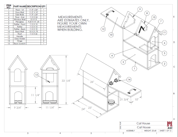 Cat House Build Plans and Instructions Drawing, DIY Pet Shelter