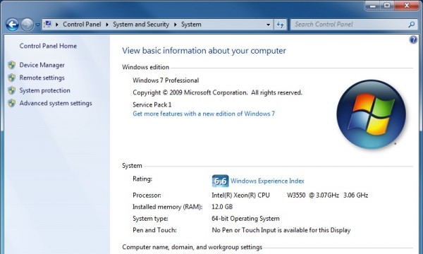 Windows 7 x64 Professional Computer Information Screenshot