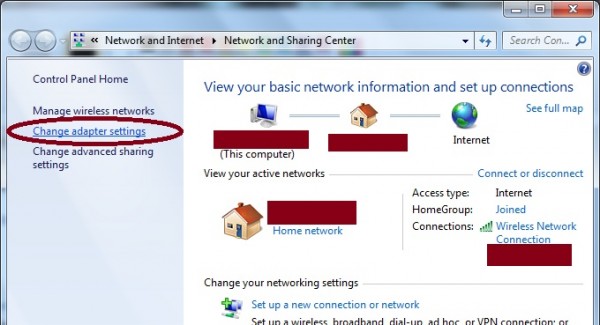 Network and Sharing Center - Change adapter Settings