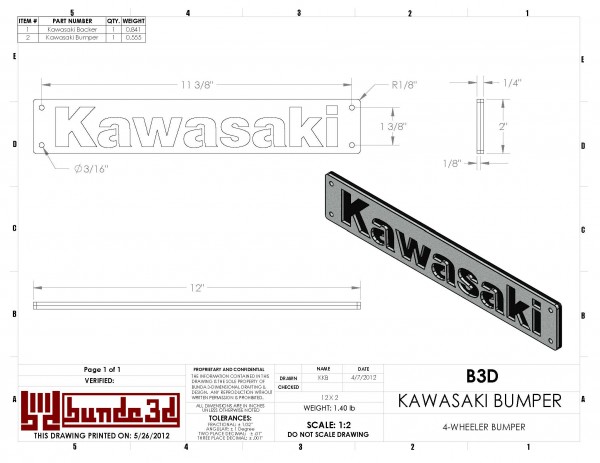 CAD Drawing for a Kawasaki 4 wheeler's bumper