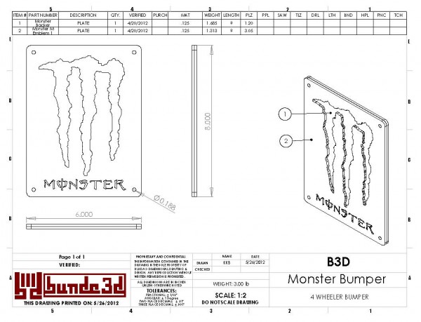 CAD drawing for a "Monster Energy Drink" themed 4 wheeler's bumper