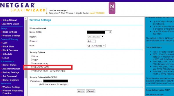 Netgear WNR3500 router manager page, security changed from WEP to WPA2-PSK, for Nest Thermostat compatibility