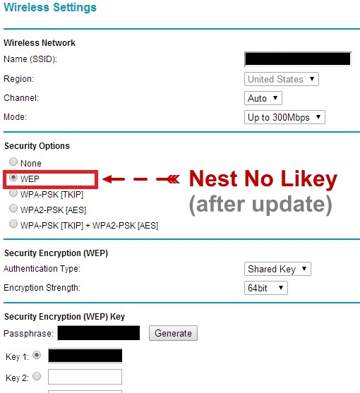 Netgear WNR3500v1 access point wifi settings, WEP wi-fi security key, Nest Learning Thermostat incompatibility problem