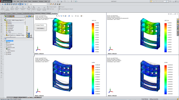 COMPARE RESULTS - SOLIDWORKS SIMULATION FEA - before & after displacement & strain plots