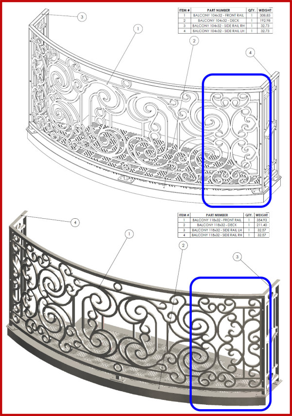 Differences in decorative inserts between 2 different widths of balconies