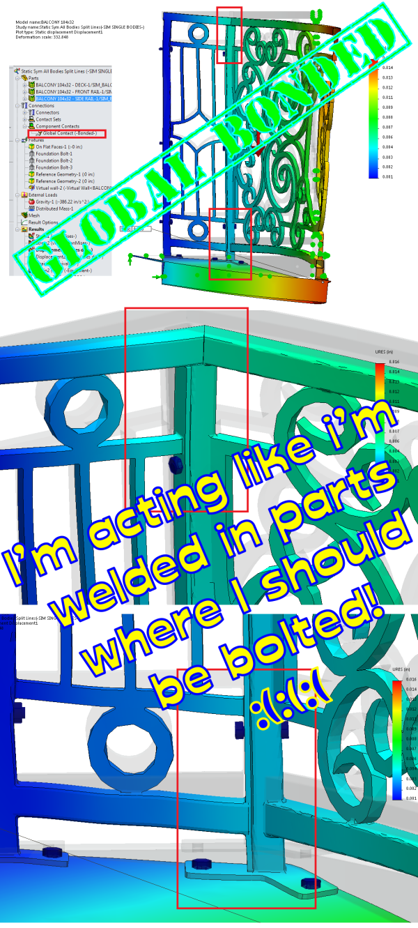 SolidWorks Simulation: Parts acting welded together when they should be no penetration, because global bonded contact not submitting to contact set hierarchy.