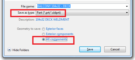 Save SolidWorks .SLDASM file as .SLDPRT part file with All components radio button checked