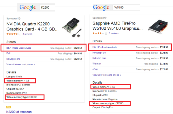 Comparing value pricing of Nvidia Quadro K2200 to AMD FirePro W5100