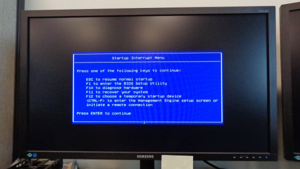 Fixing Lenovo ThinkStation M-2 Boot Disc 3 - BIOS interrupt menu - Pressed "Enter" to stop the countdown at 1 (bottom)