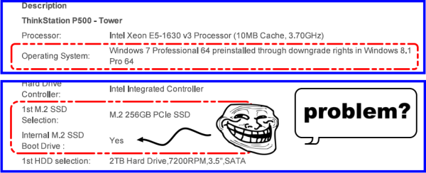 Lenovo ThinkStation Configurator Printout: But M-2 PCIe SSD apparently not ordered installed as bootable Win7 OS
