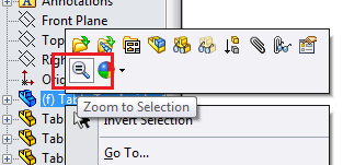 SolidWorks Zoom To Selection button in flyout menu