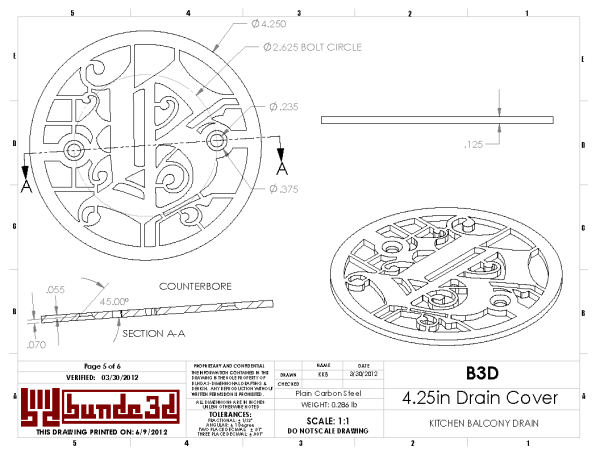 4.25in Custom Decorative Drain Cover Design - Counterbore Drawing