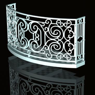 Balcony Render 7 - Curved Wrought Iron Look with Grate Deck - Pitch Black background, Reflection, Hardware - Cropped
