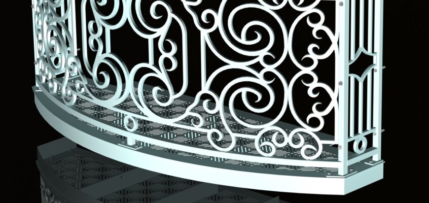 Balcony Render 7 - Curved Wrought Iron Look with Grate Deck - Pitch Black background, Reflection, Hardware - Cropped