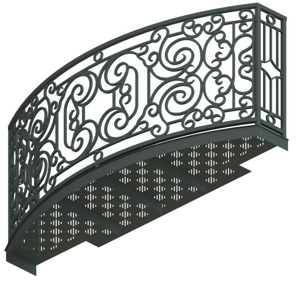 Balcony Render 9 - Curved Wrought Iron Look with Grate Deck - Gray, View From Below - 118in Vsn