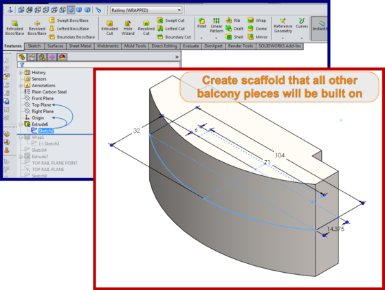 Balcony - curved wrapped geometry - SolidWorks - How To 1 - make the scaffold for all other parts to build on