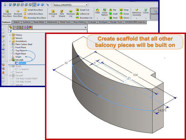 Balcony - curved wrapped geometry - SolidWorks - How To 1 - make the scaffold for all other parts to build on