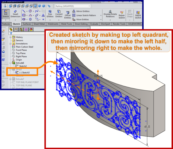 Balcony - curved wrapped geometry - SolidWorks - How To 2 - making sketch in quadrant then mirror twice