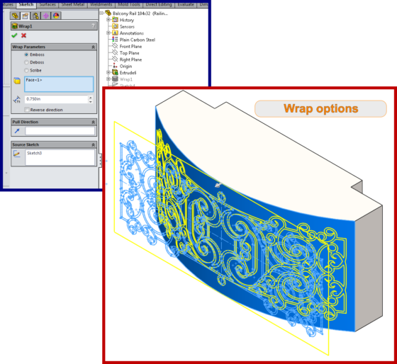 Balcony - curved wrapped geometry - SolidWorks - How To 3a - setting wrap feature options dialog