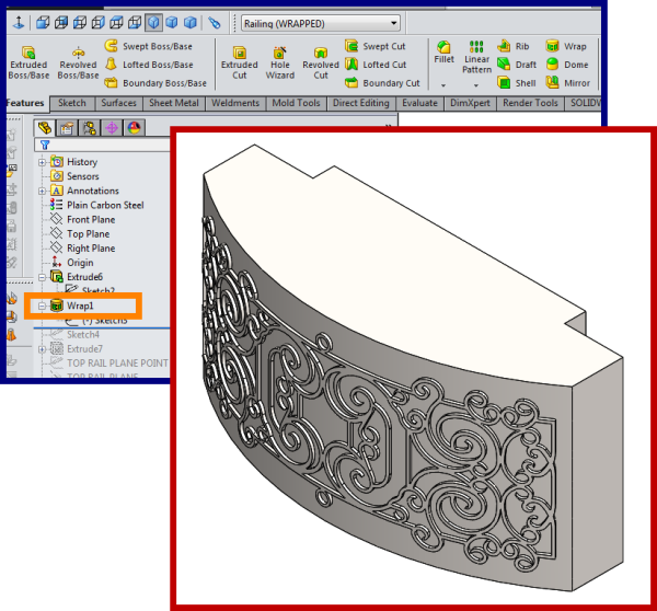 Balcony - curved wrapped geometry - SolidWorks - How To 3b - wrapping faux wrought iron rolled sheet steel insert