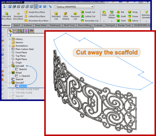 Balcony - curved wrapped geometry - SolidWorks - How To 4 - cut away the scaffold