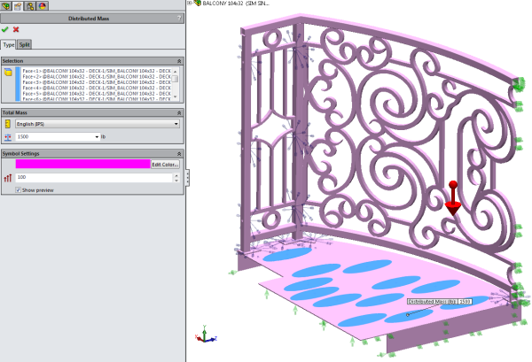 Curved Balcony SolidWorks Simulation External Loads - Distributed Mass 1 - Footprints
