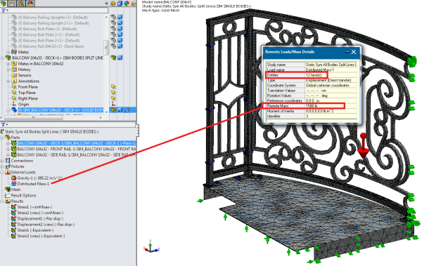 Curved Balcony SolidWorks Simulation External Loads - Distributed Mass 1 - Split Lines Mesh