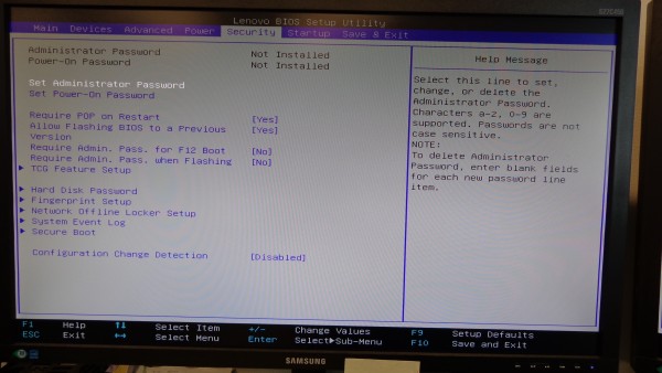 Fixing Lenovo ThinkStation M-2 Boot Disc 10 - BIOS Security tab screen