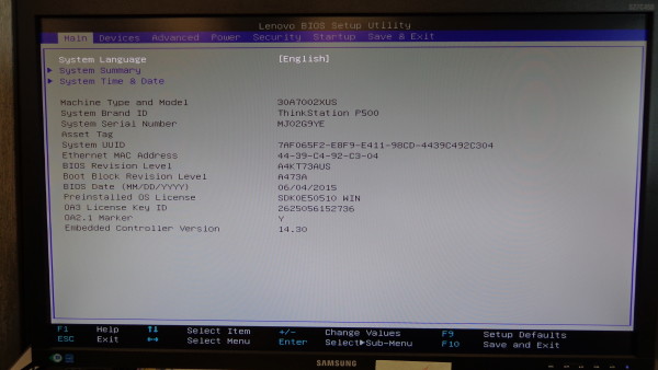 Fixing Lenovo ThinkStation M-2 Boot Disc 5 - BIOS Main tab screen