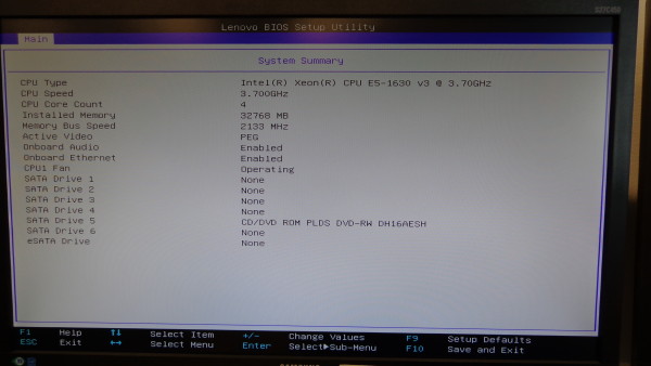 Fixing Lenovo ThinkStation M-2 Boot Disc 5a - BIOS Main tab System Summary screen