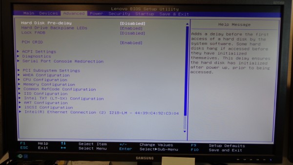Fixing Lenovo ThinkStation M-2 Boot Disc 8 - BIOS Advanced tab screen