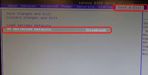 Lenovo BIOS - Save & Exit Tab - OS Optimized Defaults Submenu - Disabled