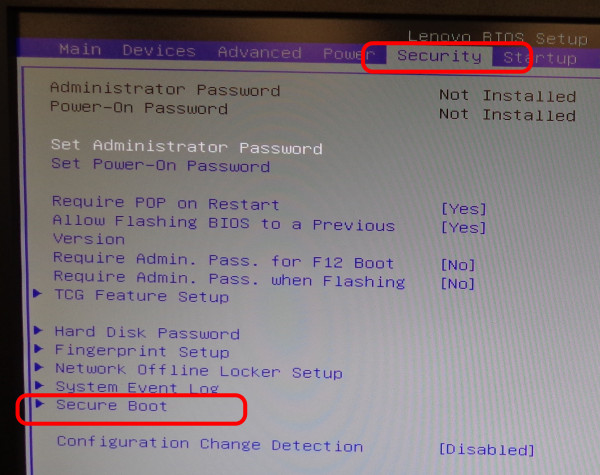 Lenovo BIOS - Security Tab - Secure Boot Sub Menu