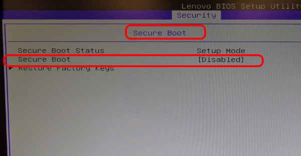 Lenovo BIOS - Security Tab - Secure Boot Sub Menu - Secure Boot Disabled