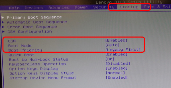 Lenovo BIOS - Startup Tab - CSM Sub Menu - Enabled, Boot Priority - Legacy 1st