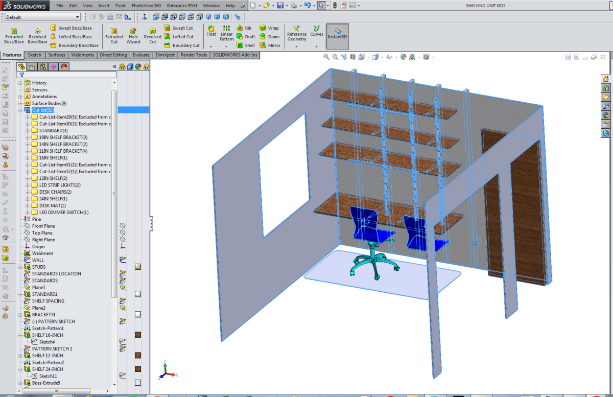 Screenshot: Kids shelf desk modeled in solidworks "weldment" file. Notice the Cut List that will double as a shopping list when Cut List Table is added to drawing.