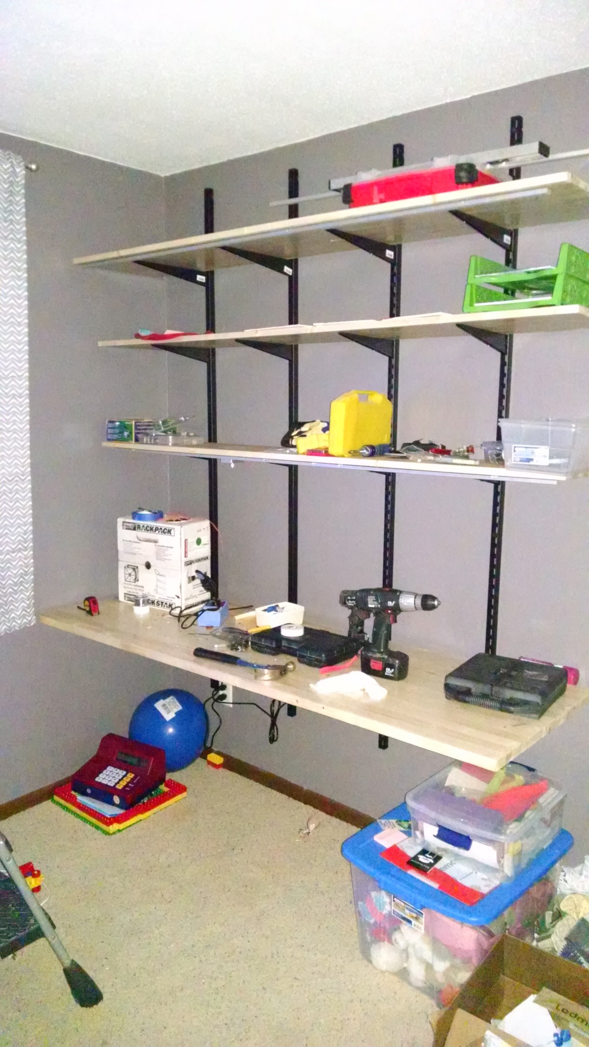 Pic of kids shelf bracket desk with LED strips in aluminum extrusions - lights off but flash makes look fake