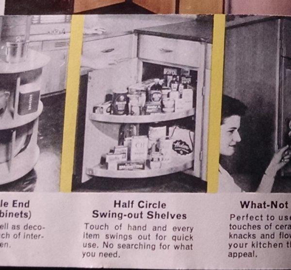 Half Circle Swing-out Shelves in 1950s-60s Kitchen Cabinets
