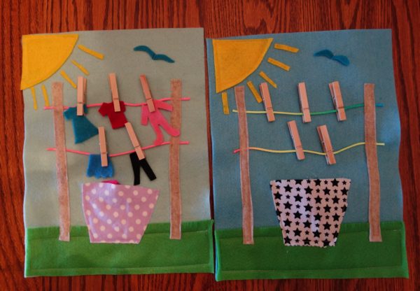 Cloth "Quiet Book" Pages, from Holly's latest hand-made children's activity books - Let's hang the laundry out to dry