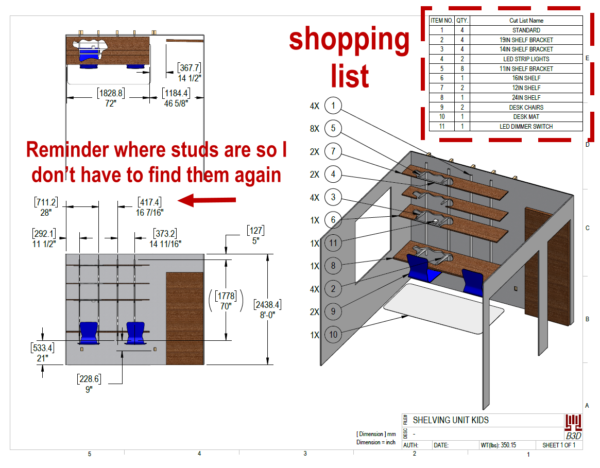 Kids shelf bracket work desk drawing for shopping list and dimensions