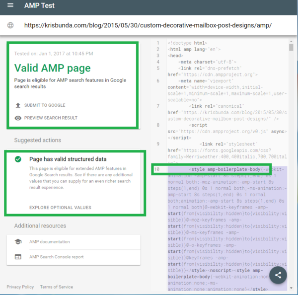 GOOGLE SEARCH CONSOLE - AMP Page now with Valid Structured Data