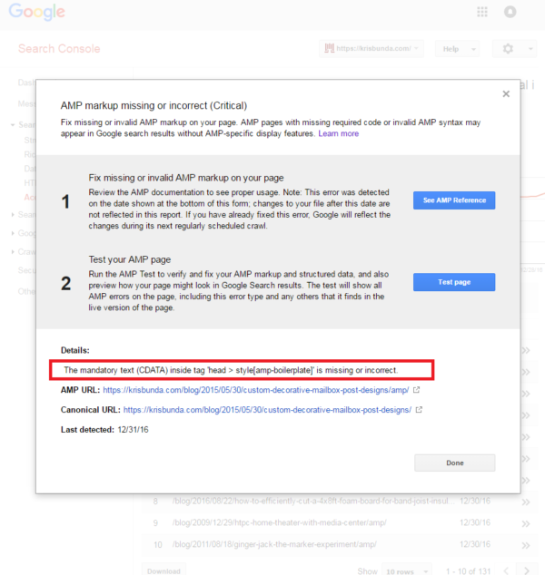 GOOGLE SEARCH CONSOLE - AMP markup missing or incorrect CDATA boilerplate