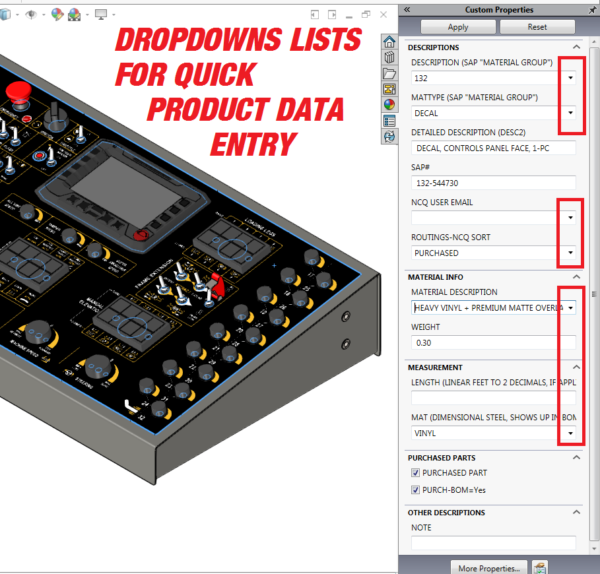 CAD modeling - Single-Point Product Data Entry User Interface - Dropdown Lists in the CAD UX