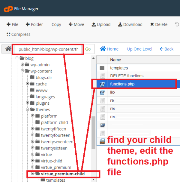 Find your WordPress child theme's functions.php file