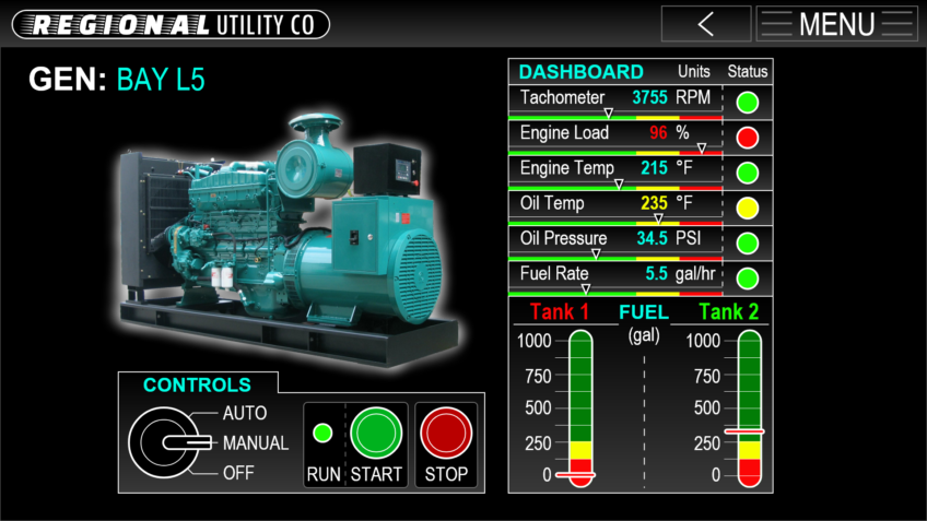 GENERATORS GUI Screen from imaginary utility company's diesel generator controls and feedback UI Design prototype, made in Adobe XD by Kris Bunda