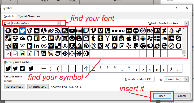 MS Office Word - get your font icon to insert and appear - insert - symbol - font - select - insert