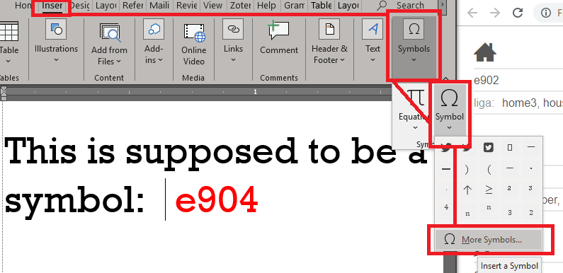 MS Office Word - get your font icon to insert and appear - insert - symbol