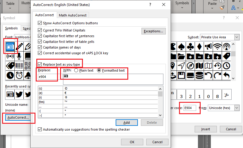 MS Office Word - get your font icon to insert and appear - using unicode and autocorrect