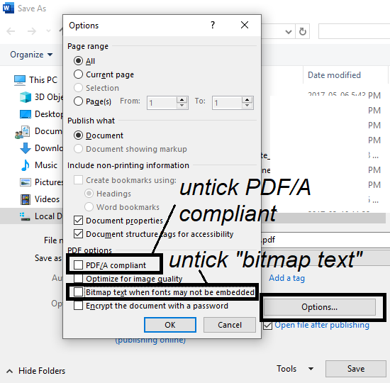 untick bitmap text for fonts when exporting PDFs from Word with tables showing white backgrounds