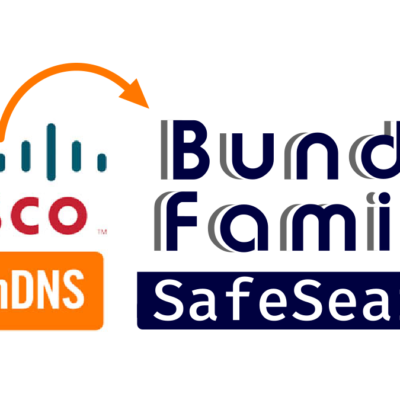 OpenDNS Family Shield logo with arrow pointing to Bunda Family Safe Search logos